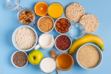 Useful breakfast on a blue pastel background