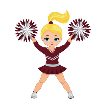 Cheerleader in maroon and silver uniform with Pom Poms. Vector illustration isolated on white background.