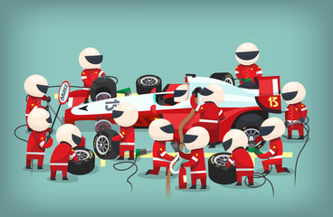 Poster with pit stop workers staying near the racing car, changing tires, refueling and changing oil in the bolide. Vector illustration  - obrazy, fototapety, plakaty