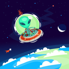 Alien in outer space in his saucer flying over the cloudy surface of Earth. A comet is flying by in the distance. The moon is on horizon. Vector illustration.