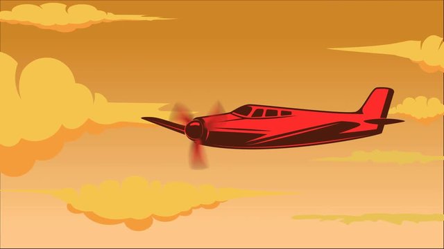 Retro style animation of sky with aeroplane. Cartoon style aviation transport