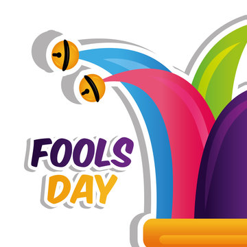 big jester hat with bells fools day card celebration vector illustration