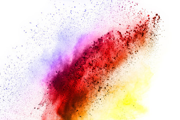 Explosion of colored powder on white background.