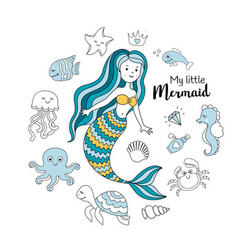 Cute little mermaid with sea animals. Under the sea vector illustration. My little mermaid