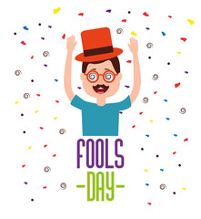 funny man glasses mustache hat confetti celebration fools day  vector illustration