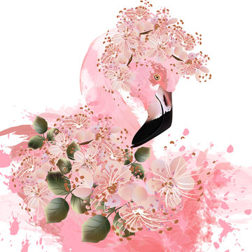 Beautiful illustration with pink flaming painted by vector ink spots