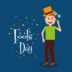 young man standing crazy glasses and hat fools day vector illustration