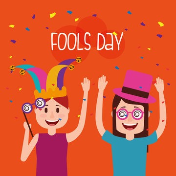 funny man and woman arms up celebration fools day  vector illustration