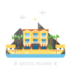Beach summer landscape. Vacation, relaxation, ocean, sun, palms. Vector flat illustration. Best hotel building on island, best choise.