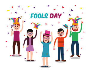 people jester hats crazy glasses celebration fools day vector illustration