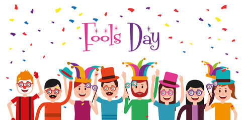 Fototapeta premium happy people jester hat glasses confetti celebration fools day vector illustration