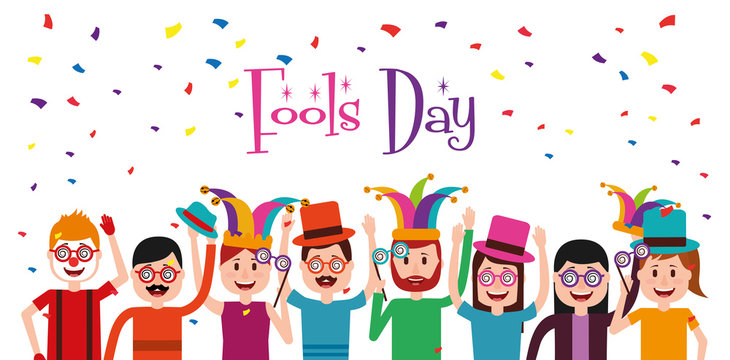 happy people jester hat glasses confetti celebration fools day vector illustration