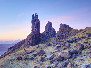 Fototapeta na wymiar Old Man of Storr rocks with clear sky Isle of Skye Scotland, February morning