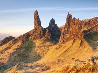 Old Man of Storr rocks with clear sky Isle of Skye Scotland, February morning