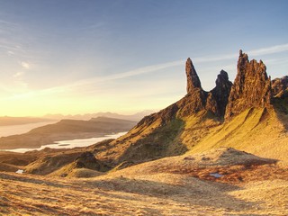 Famous view over Old Man of Storr in Scotland. Popular exposed rocks