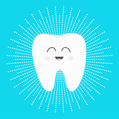 Healthy white tooth icon with smiling face. Cute cartoon character. Dash line round circle. Oral dental hygiene. Children teeth care. Shining effect stars. Bright blue background. Flat design.