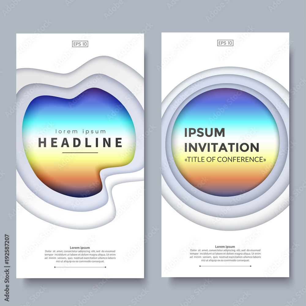 Poster vertical banner design template with 3d abstract layered paper cut shapes and place for text. backgr