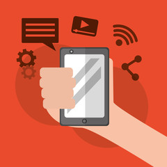 hand holding smartphone social media icons vector illustration