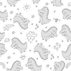 Cute seamless pattern with funny dinosaurs. vector illustration.