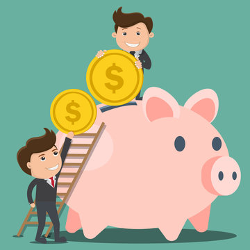 Businessman putting a coin into a piggy bank. Saving ang investing money concept. Vector illustration