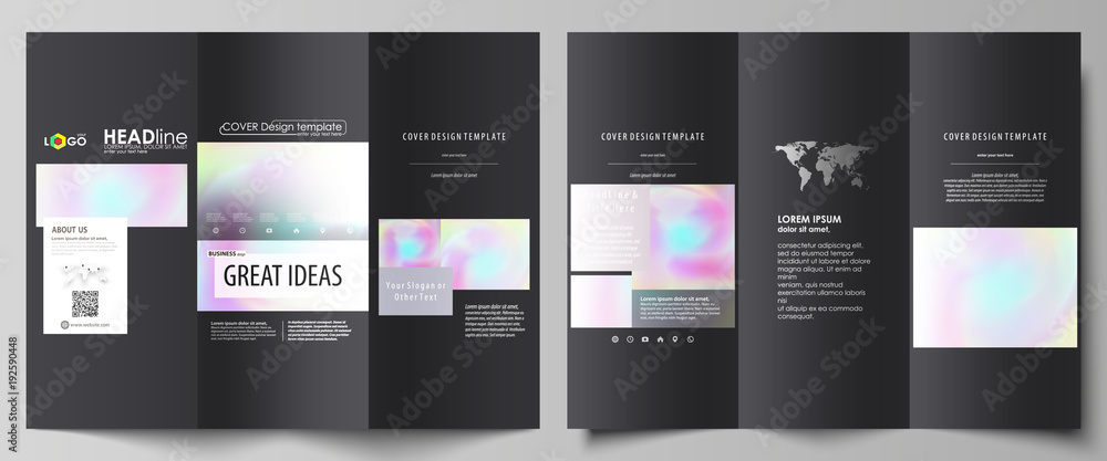 Poster Tri-fold brochure business templates on both sides. Abstract vector layout in flat design. Hologram, background in pastel colors with holographic effect. Blurred colorful pattern, futuristic texture.
