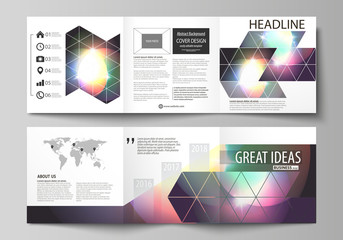 Set of business templates for tri fold square brochures. Leaflet cover, abstract flat layout, easy editable vector. Retro style, mystical Sci-Fi background. Futuristic trendy design.
