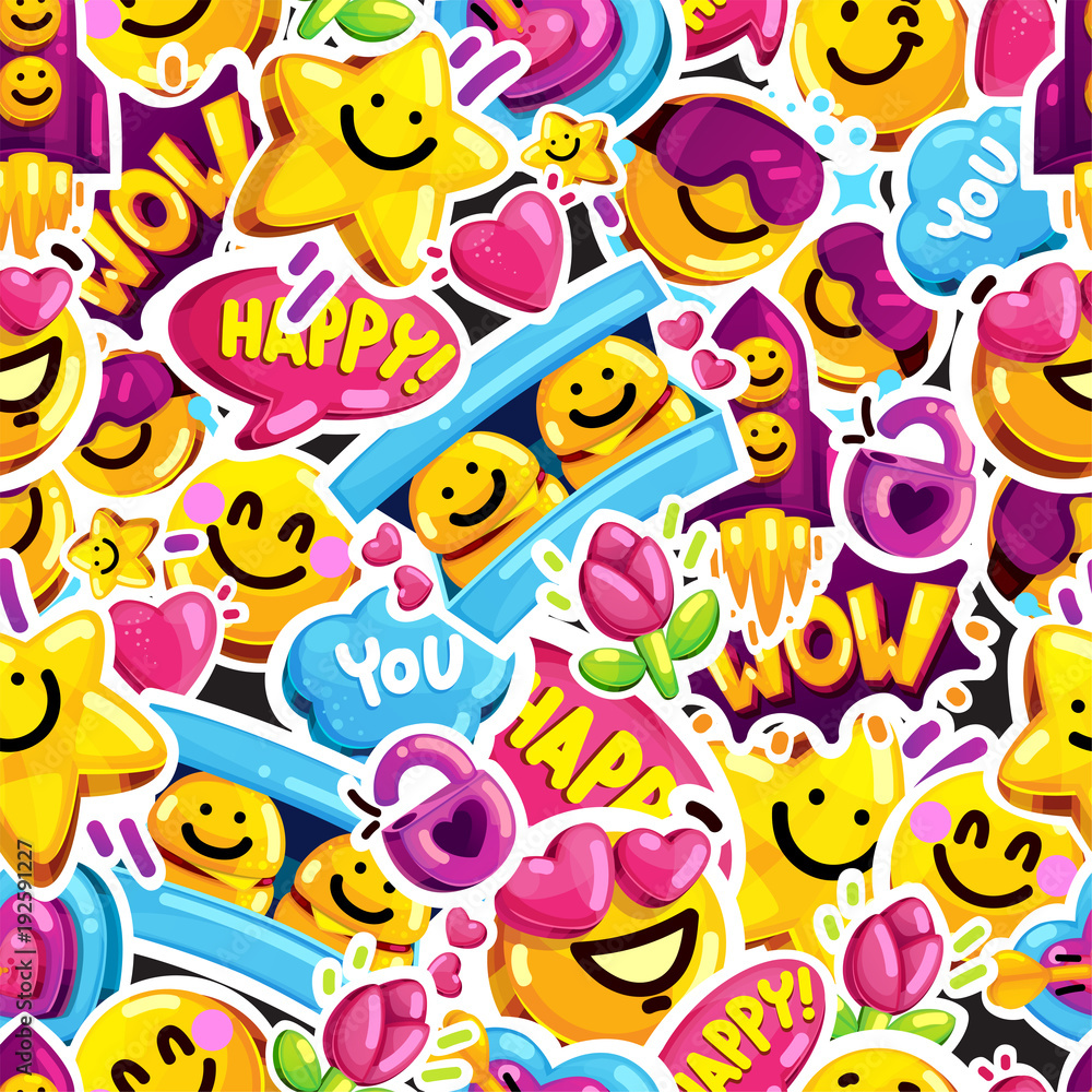 Wall mural smiley faces sticker emoji love seamless pattern. cartoon vector youth fun message background.