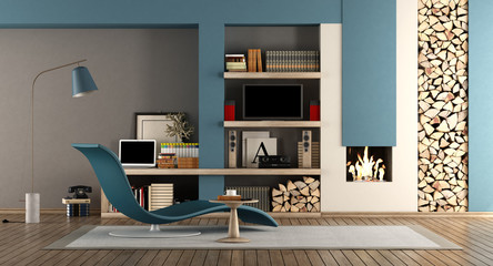 Blue and brown living room with fireplace