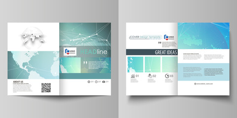 The minimalistic vector illustration of editable layout of two A4 format modern covers design templates for brochure, flyer, report. Chemistry pattern, molecule structure, geometric design background.