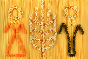 Spaghetti and pasta arrangement. Alimentary products concept.