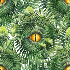 Watercolor dinosaur eye and prehistoric plants © Ekaterina Glazkova