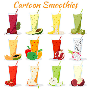 Cartoon smoothies set. Fruit and vegetable smoothies in glass isolated on white background