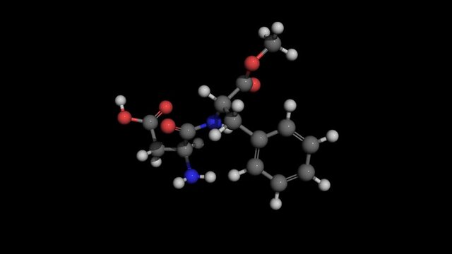 aspartame molecule model rotating.aspartame is an artifficial sweetener used as sugar substitue in foods and beverages