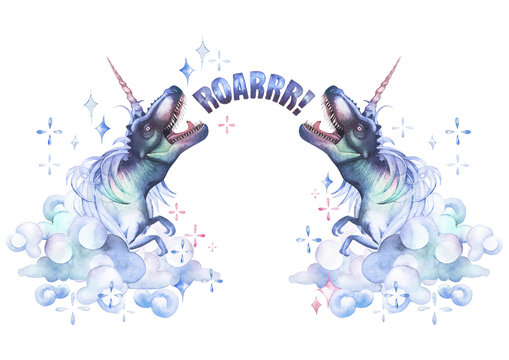 Watercolor tyrannosauruses with unicorn horn and mane.