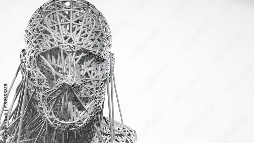 Poster 3d rendering of cyborg face on white background represent artificial intelligence. future science, m