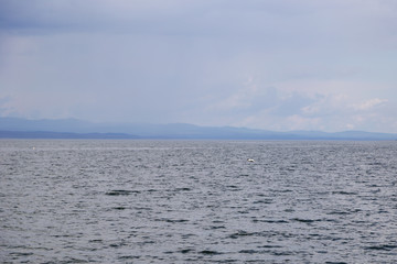 A large reservoir ( lake ) in Kazakhstan under a cloudy and rainy sky
