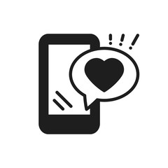 Smartphone with heart emoji message on screen line icon. Love confession like sign and symbol. Love relationship holiday romantic messaging smartphone mobile phone sms message theme.