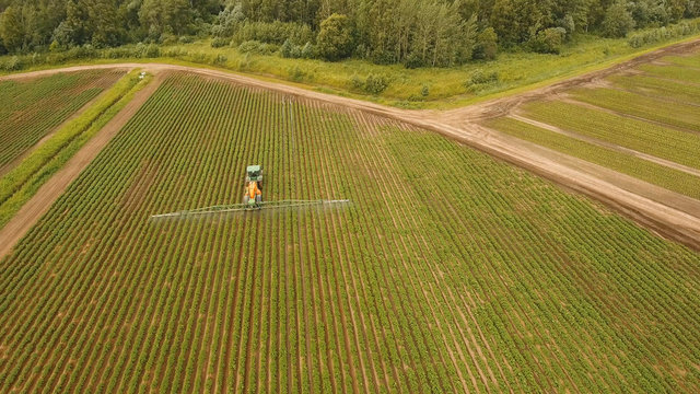 Aerial view tractor spraying the chemicals on the large green field. Spraying the herbicides on the farm land. Treatment of crops against weeds.