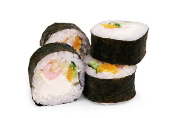 Japanese food restaurant, sushi maki gunkan roll plate or platter set. California Sushi rolls with salmon. Sushi isolated at white background.