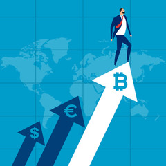 The businessman rises up the arrow. Business concept of exchange rates