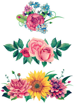 Watercolor floral bouquet clipart. Flowers clip art handpainted 