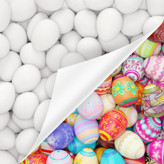 Bunte Ostereier verstecken sich unter weißen Eiern zu Ostern