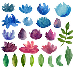 Watercolor abstract flowers clip art. Blue and purple floral