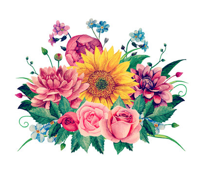 Watercolor floral bouquet clipart. Handpainted flowers clip art 