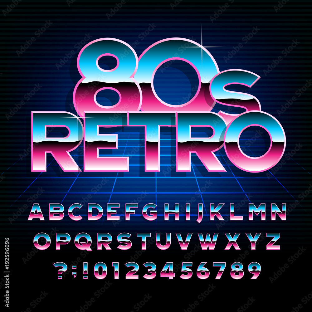 Poster 80's retro alphabet font. metallic effect type letters and numbers. stock vector typeface for any ty