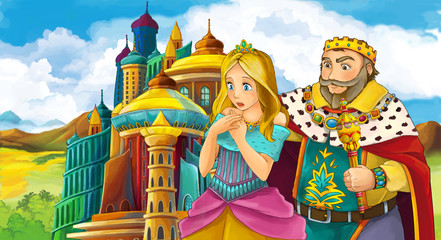 Obraz na płótnie Canvas cartoon scene with prince and princess or king and queen near some castle - illustration for children