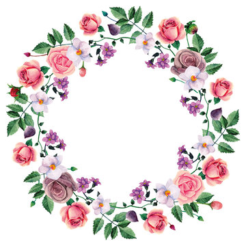 Watercolor wreath pink roses. Hand painted flowers. Floral frame clip art