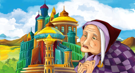 cartoon scene with happy older woman near the castle standing looking and smiling - illustration for children 