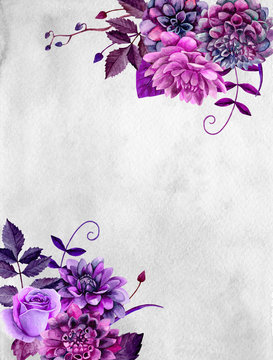 Fototapeta Watercolor purple flowers. Lilac floral bouquet. Greeting card design template