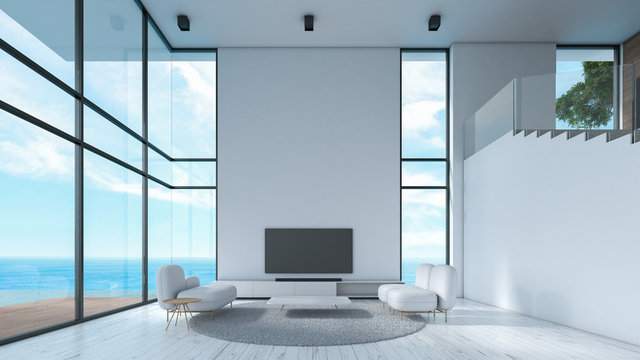 Modern interior living room wood floor white texture wall with gray sofa and chair window sea view summer template for mock up 3d rendering. minimal living room design